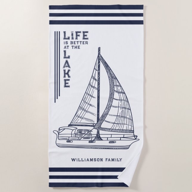 Custom White Navy Blue Life ist besser am See Strandtuch (Vorderseite)