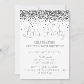 Custom White & Silver Glitter 30th Birthday Party Einladung