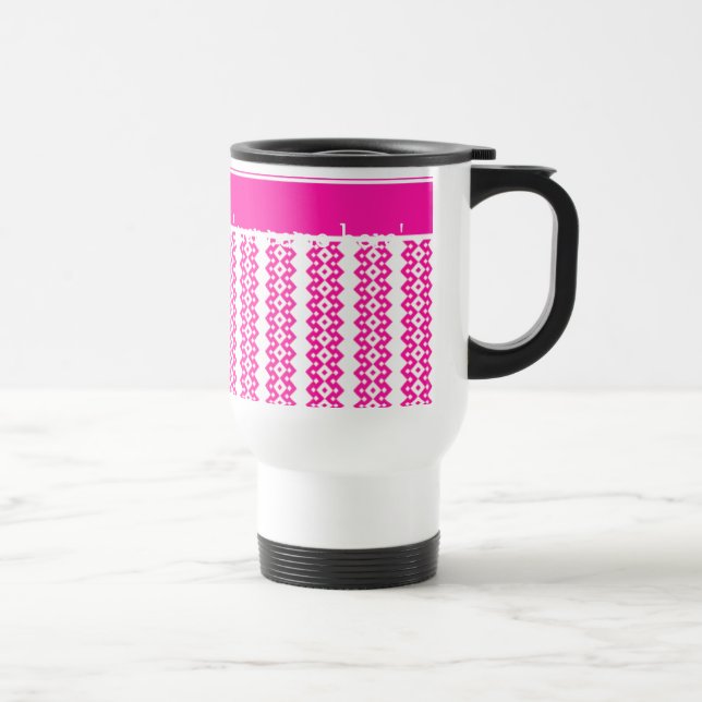 Custom White Travel Mug, Candy Pink Geometric Reisebecher (Rechts)