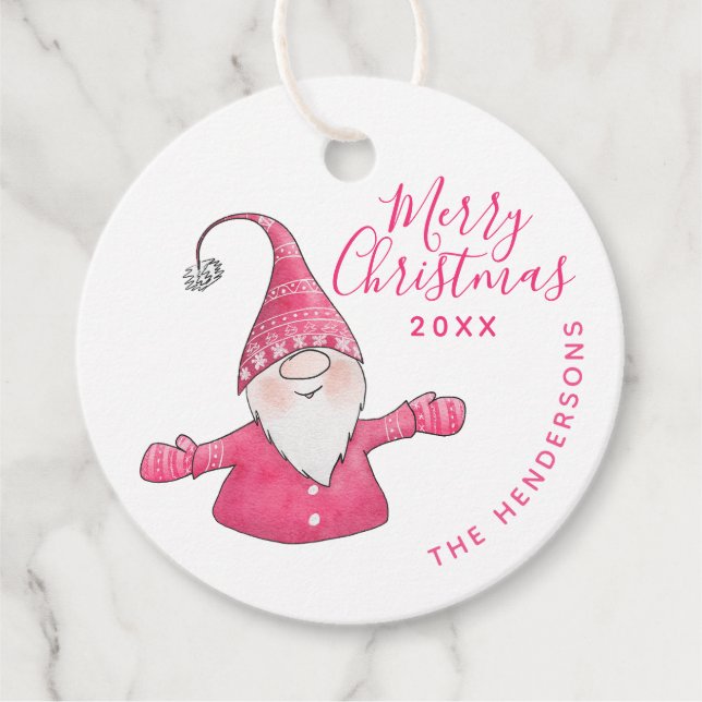 Custom White und Pink Niedlich Gnome Frohe Weihnac Geschenkanhänger (Vorderseite)