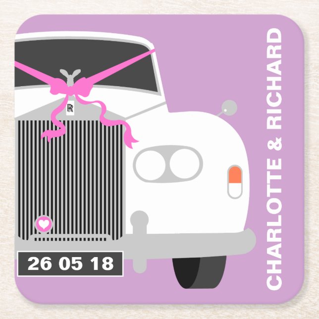 CUSTOM WHITE WEDD CAR LIMO DATE RECHTECKIGER PAPPUNTERSETZER (Vorderseite)