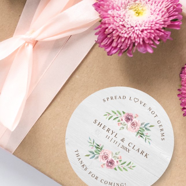 Custom White Wood Floral Wreath Wedding Sanitizer Runder Aufkleber (Von Creator hochgeladen)