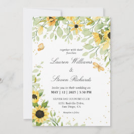 Custom White Yellow Sunflowers & Butterfly Wedding Einladung