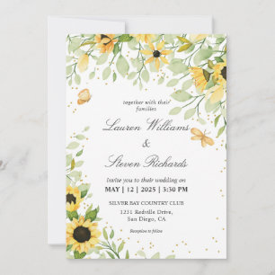 Custom White Yellow Sunflowers & Butterfly Wedding Einladung