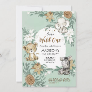 Custom Wild One Green White Jungle Animals Thema Einladung