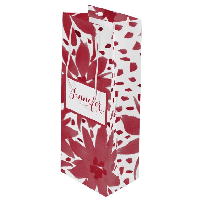 Custom Wine Floral Design Ruby Red Gift Bag Geschenktüte Für Weinflaschen (Vorderseite Schrägansicht)