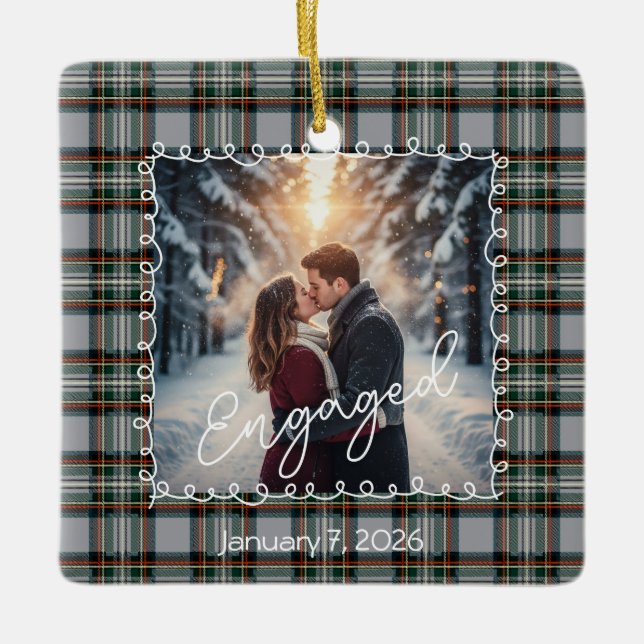 Custom Winter Engagement Photo Card with Tartan  Keramikornament (Vorderseite)