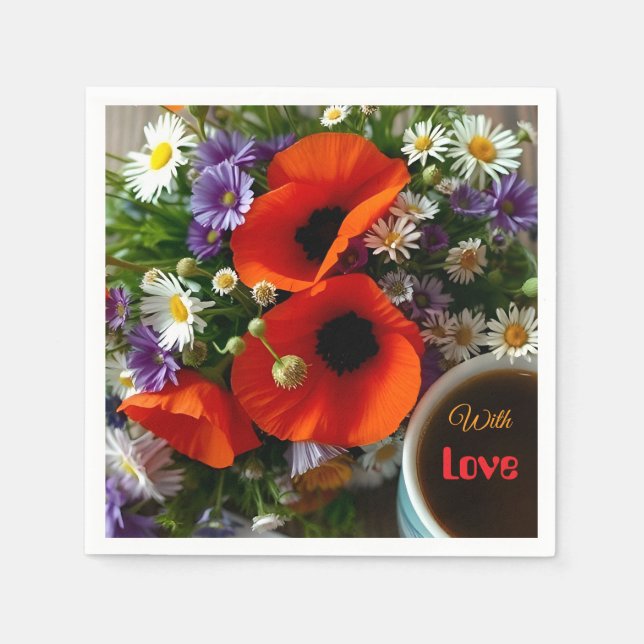 Custom "With Love"  Cup of Coffee & Red Poppies  Serviette (Vorderseite)