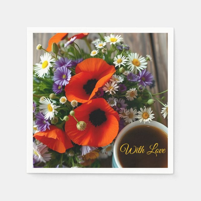 Custom "With Love"  Cup of Coffee & Red Poppies  Serviette (Vorderseite)