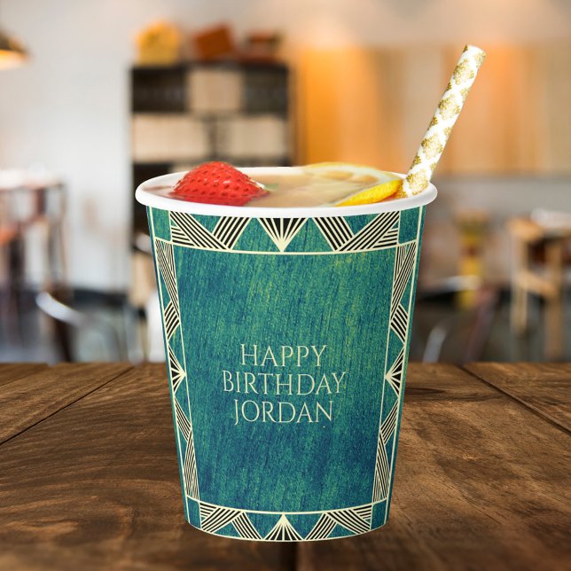 Custom Wood Emerald Green Rustic & Manly Birthday Pappbecher (Von Creator hochgeladen)