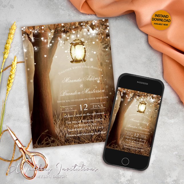 Custom Wood Trees String Lights Rustic Wedding Einladung (Von Creator hochgeladen)