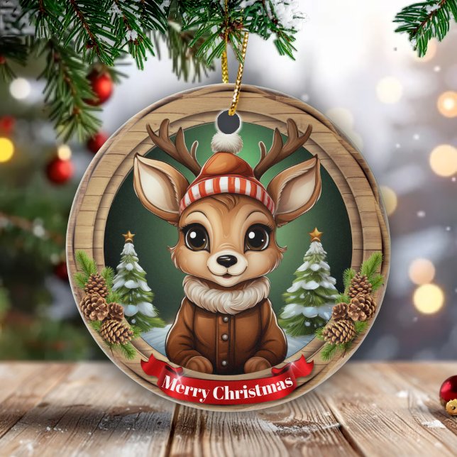Custom Wooden Framed Deer Holiday Decoration 🦌🎄 Keramik Ornament (Custom Text Wooden Framed Deer Holiday Decoration. Rustic Vibe Reindeer Personal Name Gift Tag 🦌🎄)
