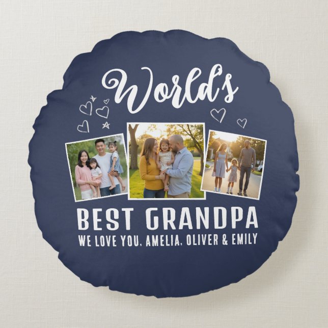 Custom World's Best Grandpa 3 Photo  Rundes Kissen (Vorderseite)