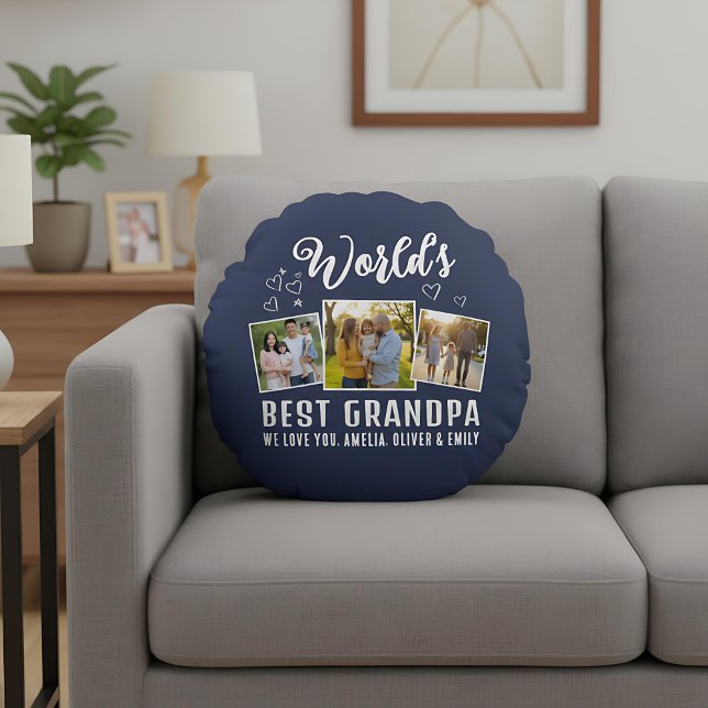 Custom World's Best Grandpa 3 Photo  Rundes Kissen (Von Creator hochgeladen)