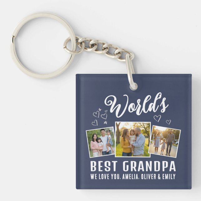 Custom World's Best Grandpa 3 Photo  Schlüsselanhänger (Vorderseite)