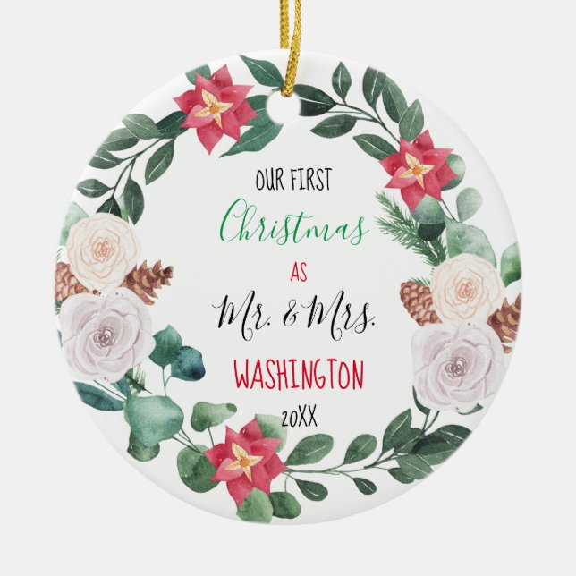 Custom Wreath Unser erstes Weihnachts-Foto-Geschen Keramik Ornament (Vorne)