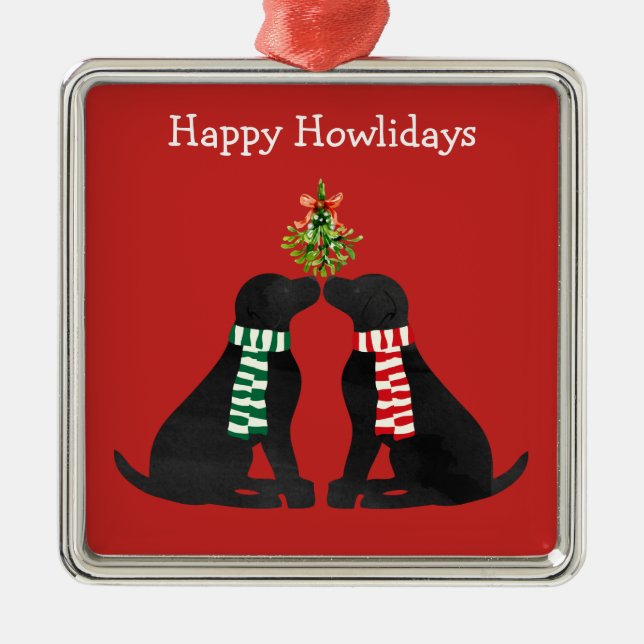 Custom Xmas Black Labradors Kissing Mistletoe Silbernes Ornament (Vorne)