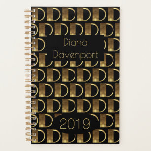 Custom Year 2019 Black Gold Monogram D Elegant Planer