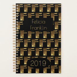 Custom Year 2019 Black Gold Monogram F Elegant Planer