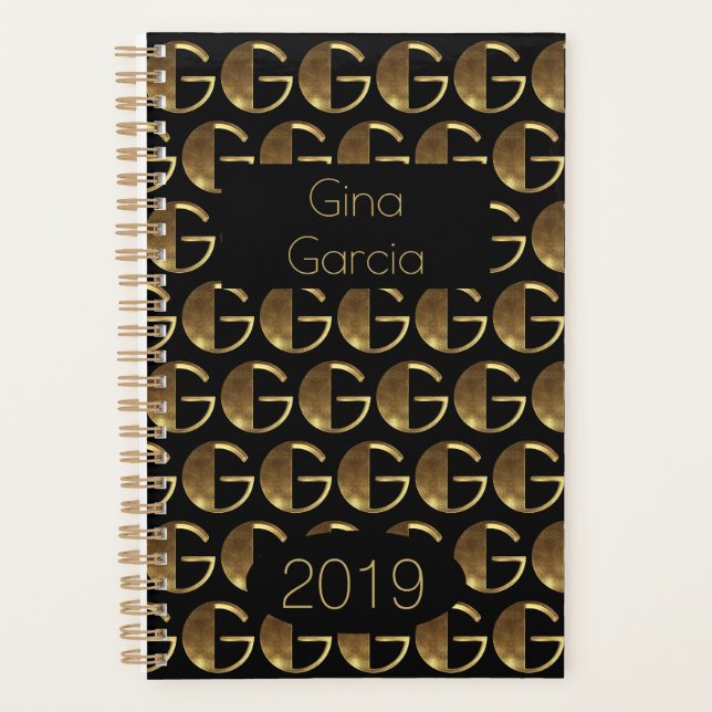Custom Year 2019 Black Gold Monogram G Elegant Planer (Vorderseite)