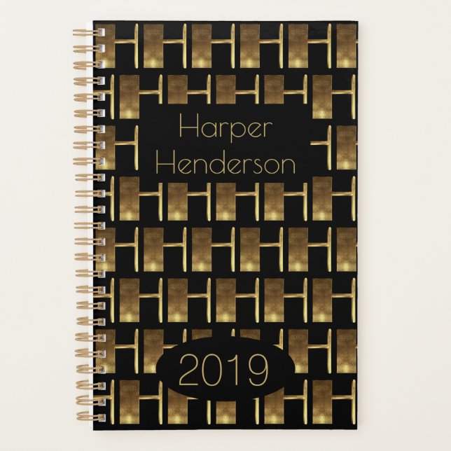 Custom Year 2019 Black Gold Monogram H Elegant Planer (Vorderseite)