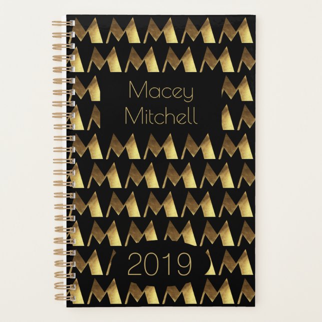 Custom Year 2019 Black Gold Monogram M Elegant Planer (Vorderseite)