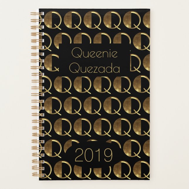 Custom Year 2019 Black Gold Monogram Q Elegant Planer (Vorderseite)