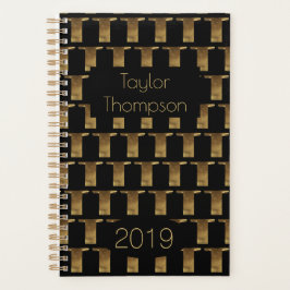 Custom Year 2019 Black Gold Monogram T Elegant Planer