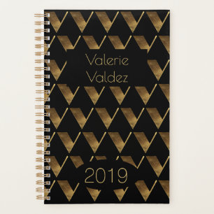 Custom Year 2019 Black Gold Monogram V Elegant Planer