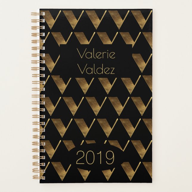Custom Year 2019 Black Gold Monogram V Elegant Planer (Vorderseite)