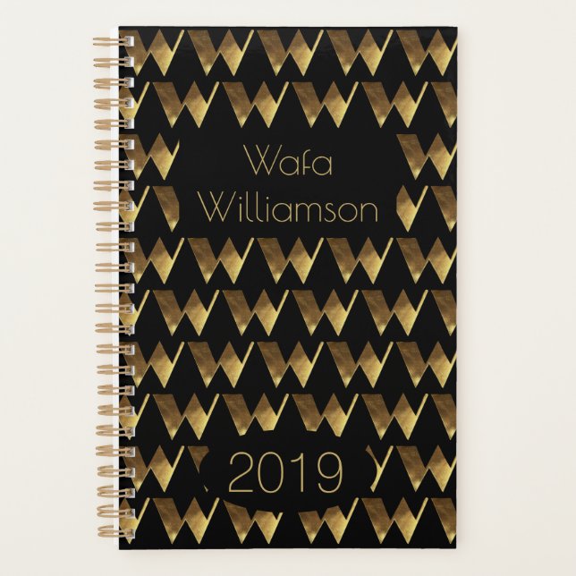 Custom Year 2019 Black Gold Monogram W Elegant Planer (Vorderseite)