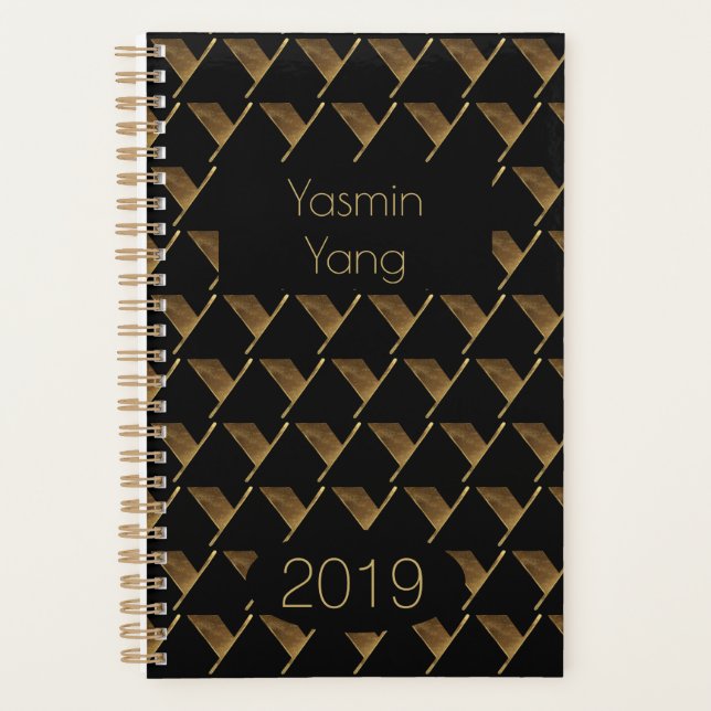 Custom Year 2019 Black Gold Monogram Y Elegant Planer (Vorderseite)