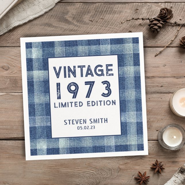 Custom Year 40. Gingham Blue Birthday Party Serviette (Von Creator hochgeladen)