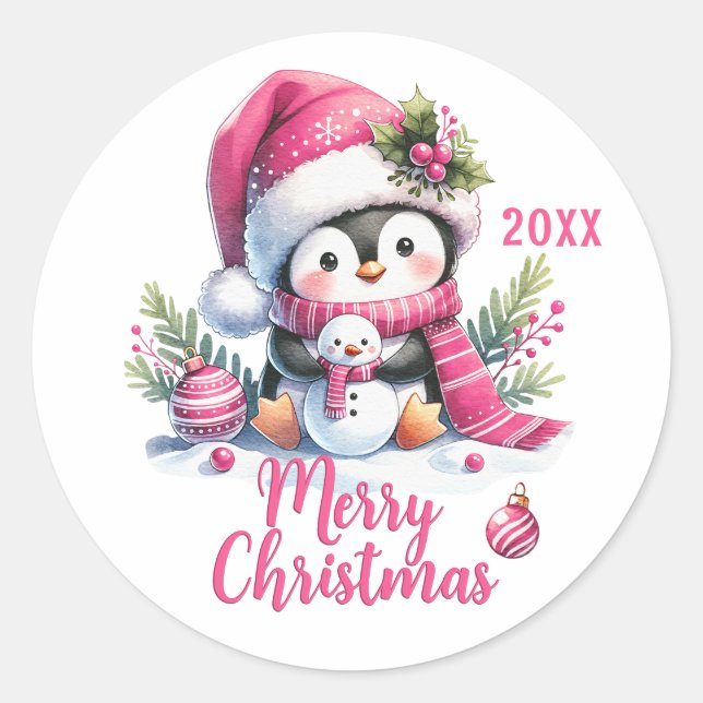 Custom Year White Pink Fun Pinguin Frohe Weihnacht Runder Aufkleber (Vorderseite)