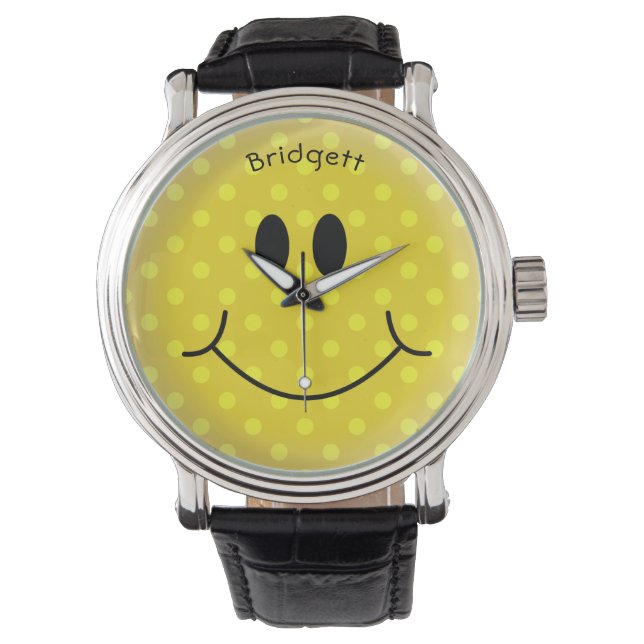 Custom Yellow Polka Dot Happy Face Armbanduhr (Vorderseite)