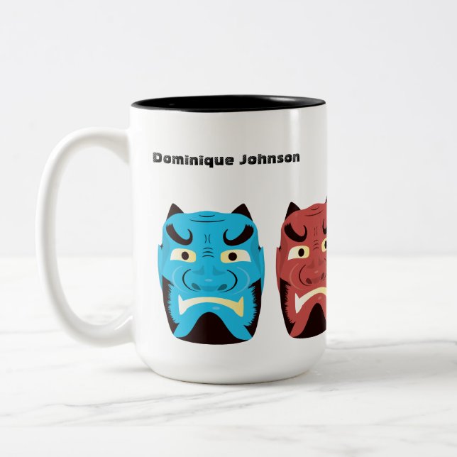 Custom Yokai Oni (japanischer Dämon) Tasse, 15 oz Zweifarbige Tasse (Links)