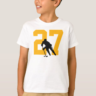 Custom Youth Hockey Player Nummer Schwarz und Gold T-Shirt