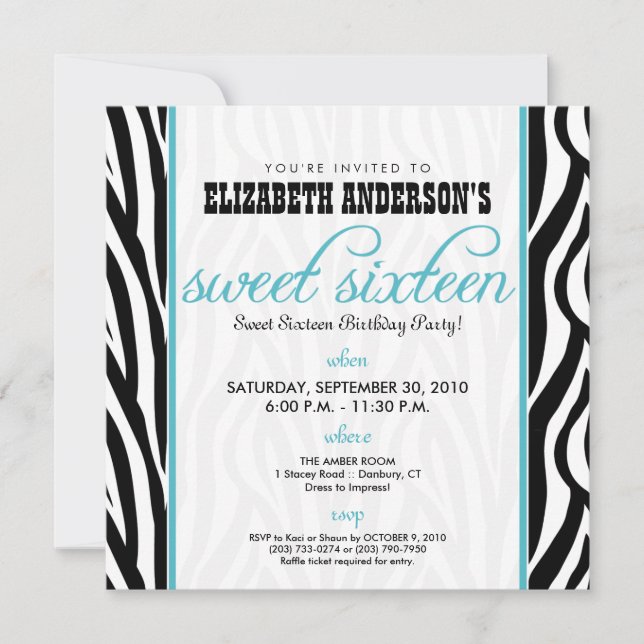 :custom: Zebra Sweet 16 Party Einladung (Aqua) (Vorderseite)