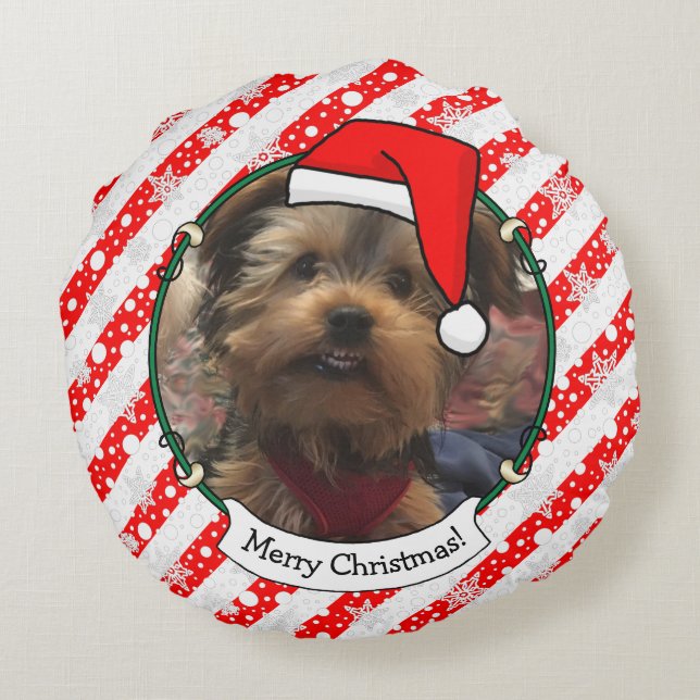 Custom Zwei Foto Weihnachtsfeier Weihnachtsmannmüt Rundes Kissen (Rückseite)