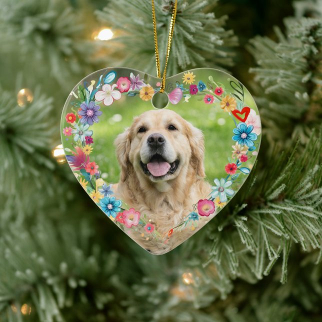 CustomFoto Pet Memorial Blumenherz geformt Keramik Ornament (Baum)