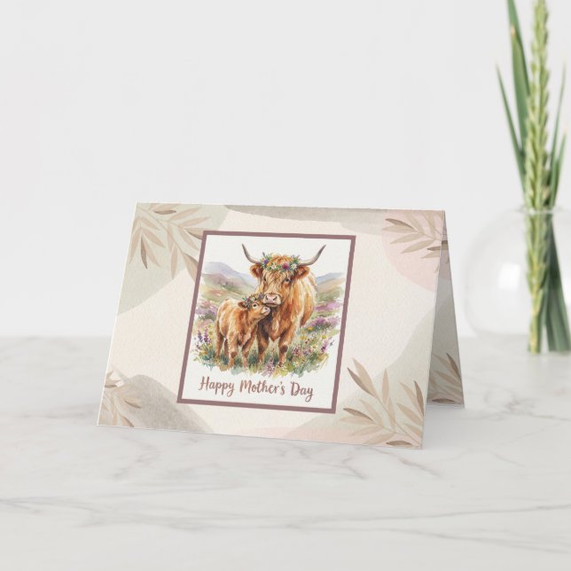 CustomFrohe Muttertag Highland Kuh Neutral Boho Karte (Vorderseite)