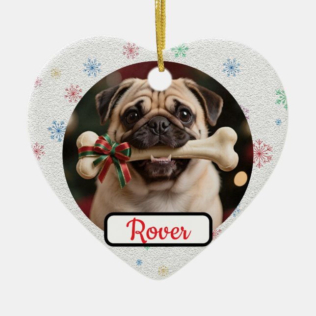 Customisable Dog And Bone Pet Heart Christmas Keramik Ornament (Vorne)