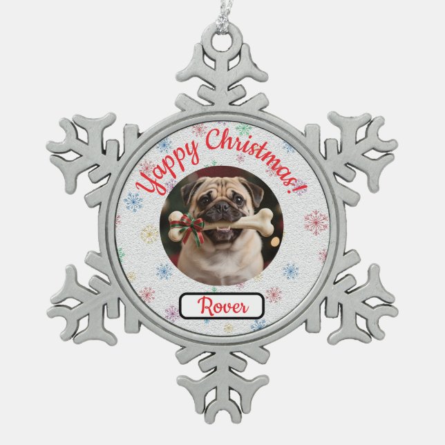 Customisable Dog And Bone Pet Lover's Christmas Schneeflocken Zinn-Ornament (Vorderseite)