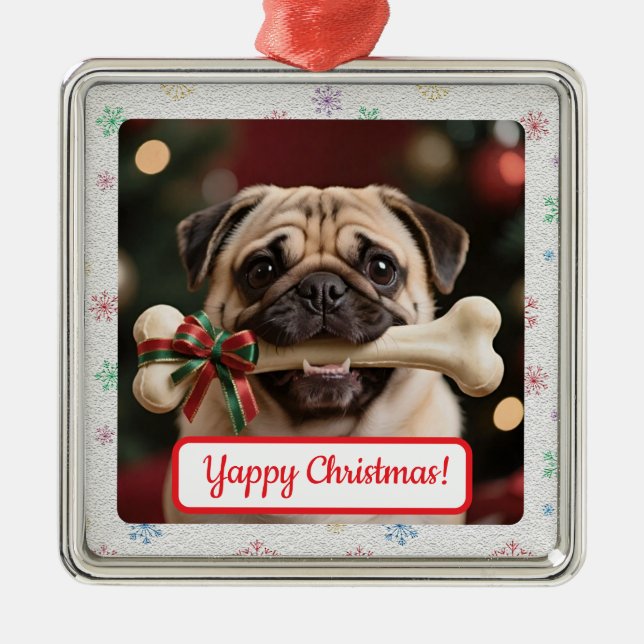Customisable Dog And Bone Pet Owner's Square Xmas Ornament Aus Metall (Vorne)