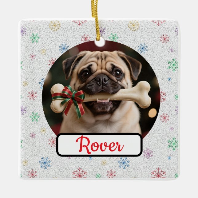 Customisable Dog And Bone Pet Square Christmas Keramikornament (Vorderseite)