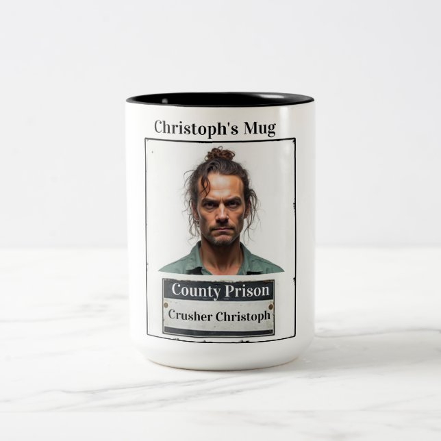 Customisable Photo Name Prison Funny Mug Shot Zweifarbige Tasse (Mittel)