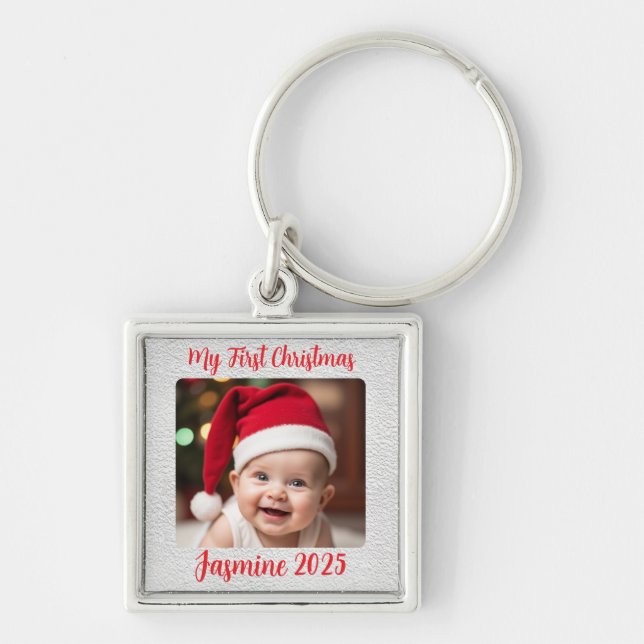 Customisable Premium Square Baby First Christmas Schlüsselanhänger (Vorne)