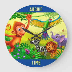 Customised Jungle Time animals children's clock Große Wanduhr