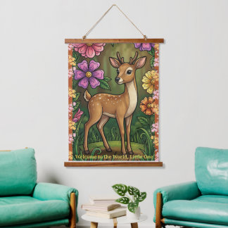 Customizable Baby Fawn Nursery-Welcome to the Worl Wandteppich Mit Holzrahmen