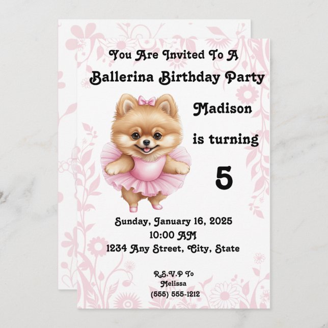 Customizable Ballerina Birthday Invitation 5 x 7 Einladung (Vorne/Hinten)
